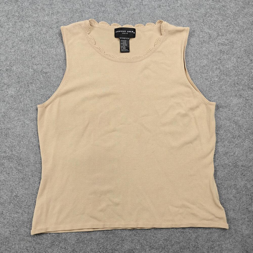 August Silk Tank Womens XL Beige Sleeveless Crochet Trim Knit Stretch Pullover